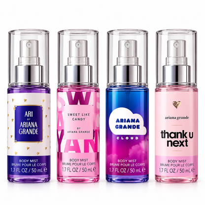 Ariana Grande 4-Piece Body Mist Gift Set – Ari, Sweet Like Candy, Cloud & Thank U Next, 50ml Each