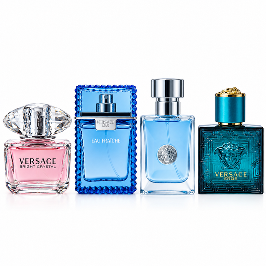 Versace 4-Piece Perfume Gift Set – Eros, Pour Homme, Man Eau Fraîche & Bright Crystal, 30ml Each