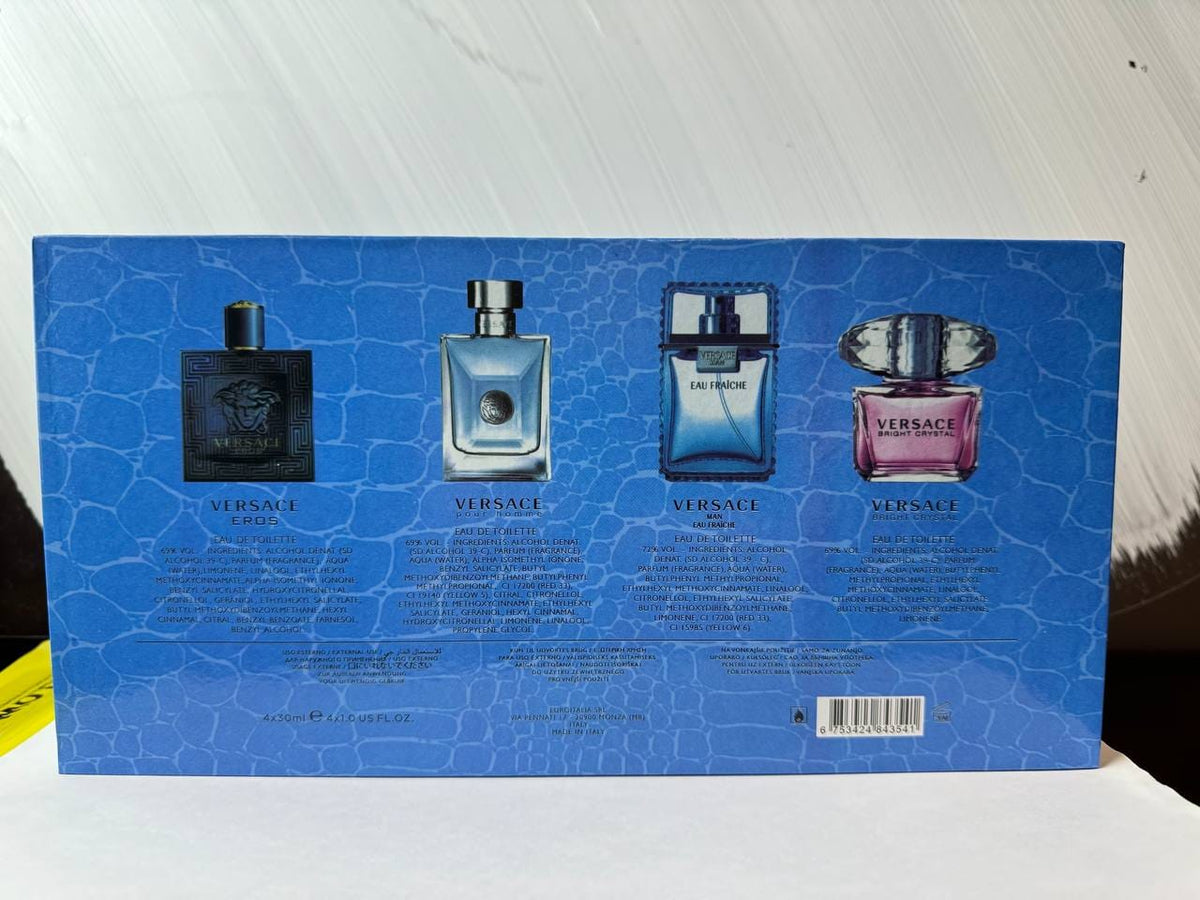Versace 4-Piece Perfume Gift Set – Eros, Pour Homme, Man Eau Fraîche & Bright Crystal, 30ml Each
