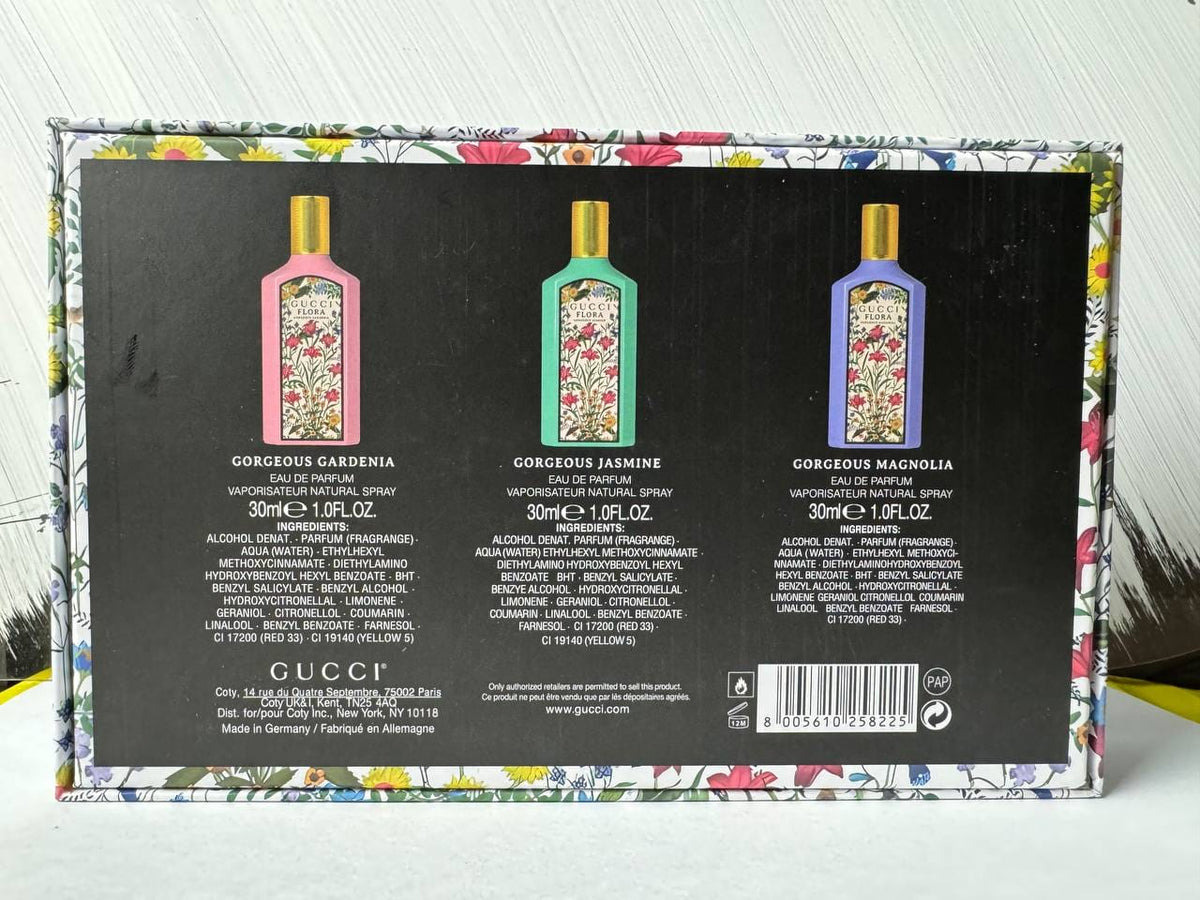 Gucci Flora Gorgeous Gardenia, Jasmine & Magnolia 3-Piece Perfume Gift Set – Eau de Parfum, 30ml Each
